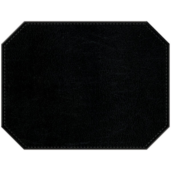 A black leather premium sewn octagon placemat with stitching.