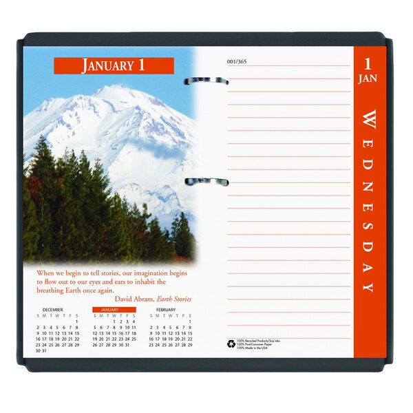 A white rectangular House of Doolittle desk calendar refill with a snowy mountain and trees on it.