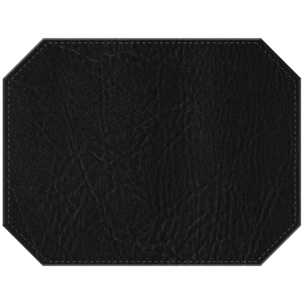 A black faux leather octagon placemat with stitching.
