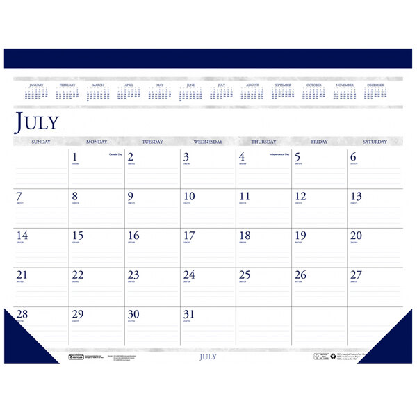 A House of Doolittle desk pad calendar with blue and white text and numbers, and a blue border.