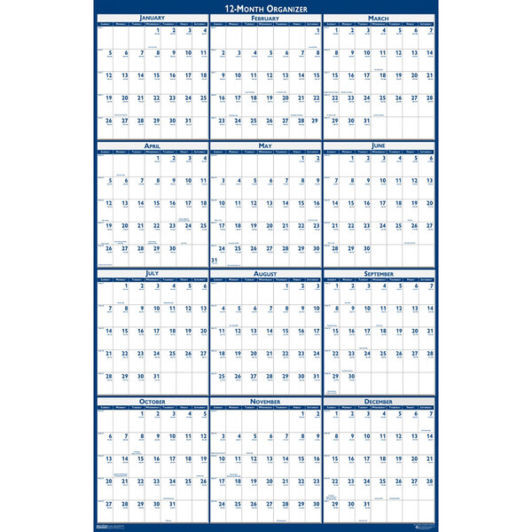 A white calendar with blue and gray numbers and borders for January 2024 to December 2024.