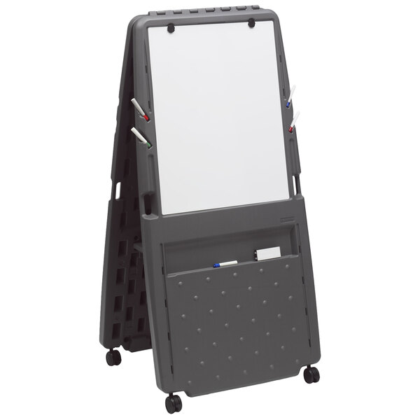 A charcoal presentation flipchart easel with a dry erase surface.