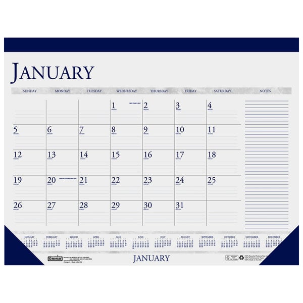 A House of Doolittle desk pad calendar with numbers and notes for January.