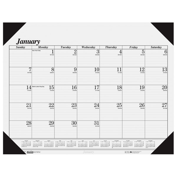A House of Doolittle desk pad calendar with white background and black corners and lines, and numbers in a black border.
