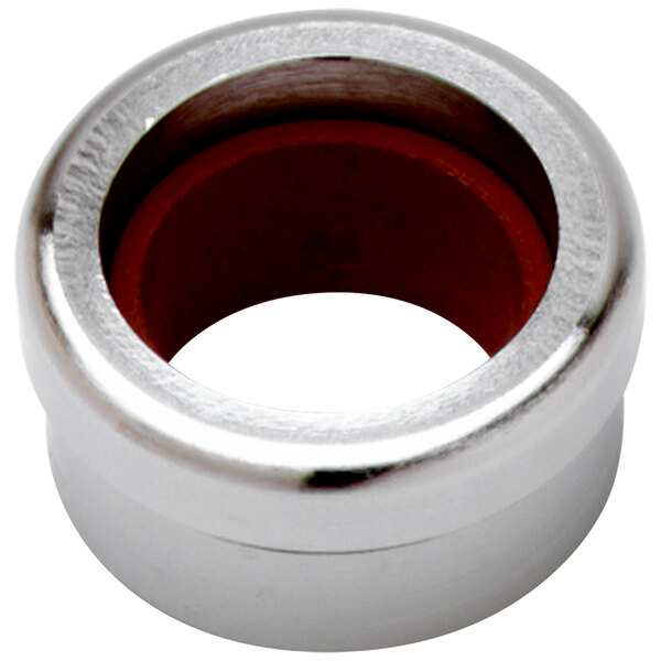 A silver circular protective flange with a red center.