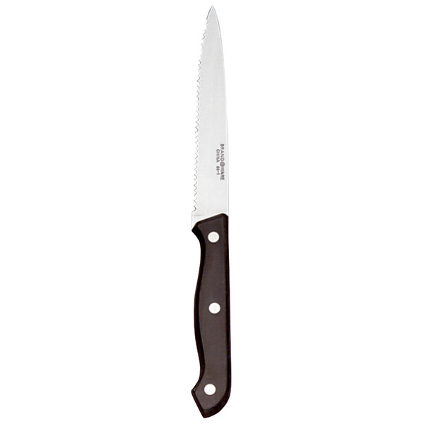 A Libbey stainless steel steak knife with a black handle.