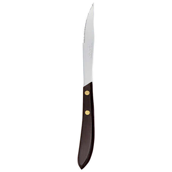 A Libbey stainless steel steak knife with a black POM handle.