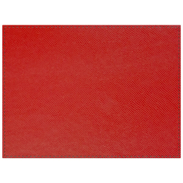 A red premium sewn faux leather rectangle placemat with stitching.