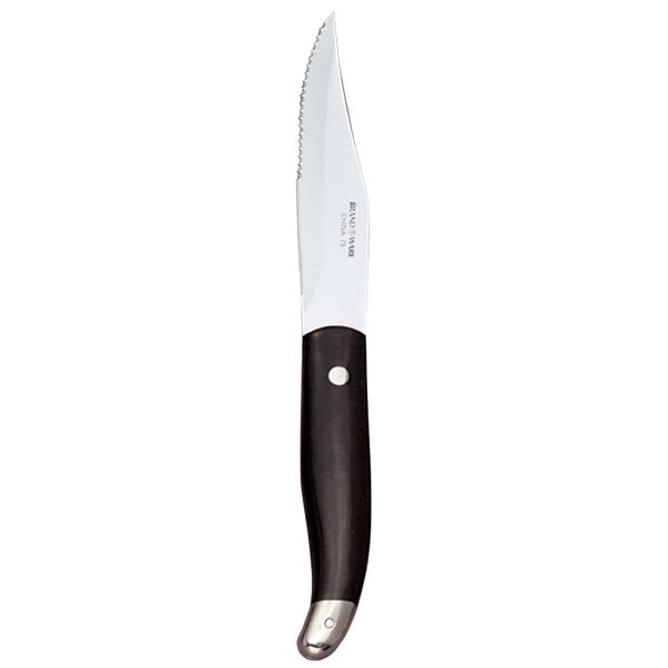 A Libbey steak knife with a black handle and white blade.