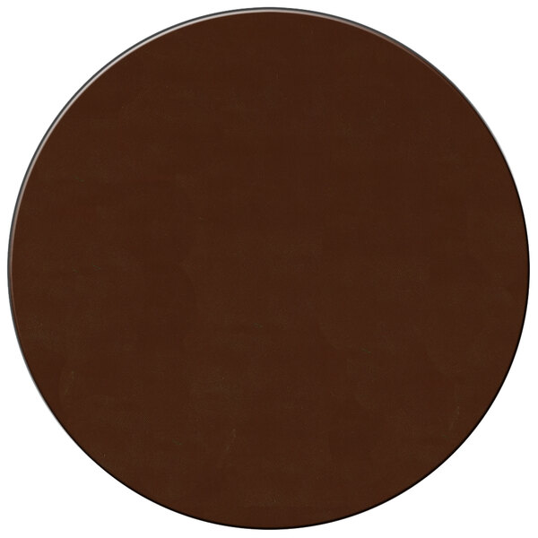 A close-up of a brown round vinyl placemat with a white background.