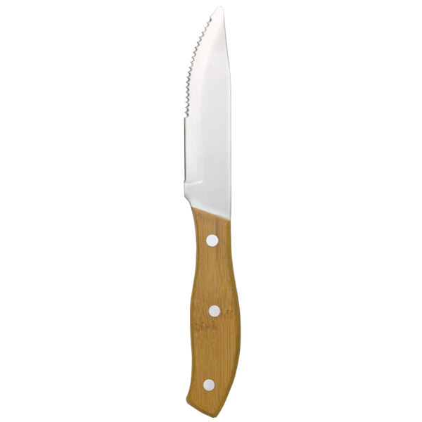 A Libbey stainless steel steak knife with a bamboo handle.