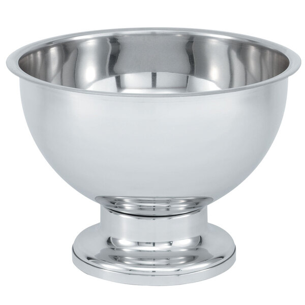 A silver stainless steel Vollrath punch bowl on a metal stand.