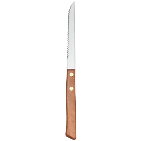 A Libbey stainless steel steak knife with a wood handle.