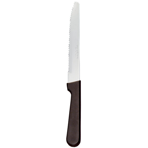 A close-up of a Libbey steak knife with a black polypropylene handle.