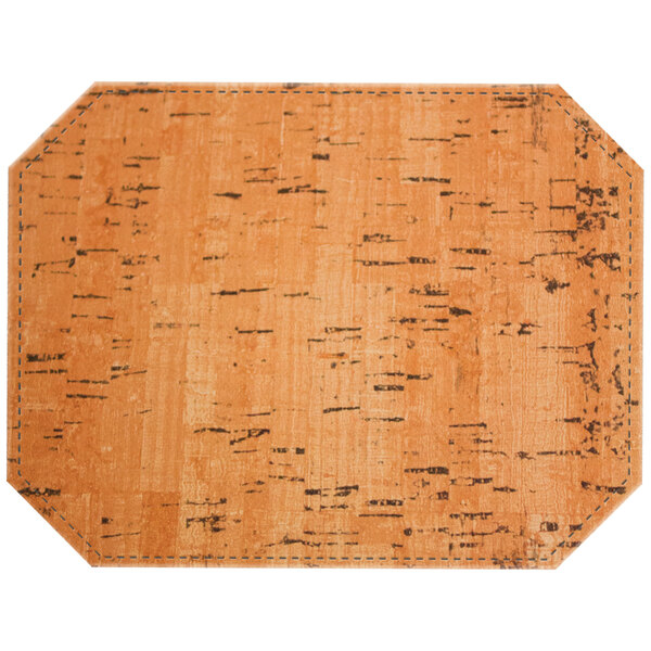A natural faux cork octagon placemat with a black border.