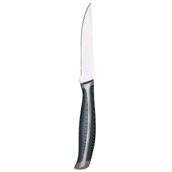 A Libbey stainless steel steak knife with a black plastic handle.