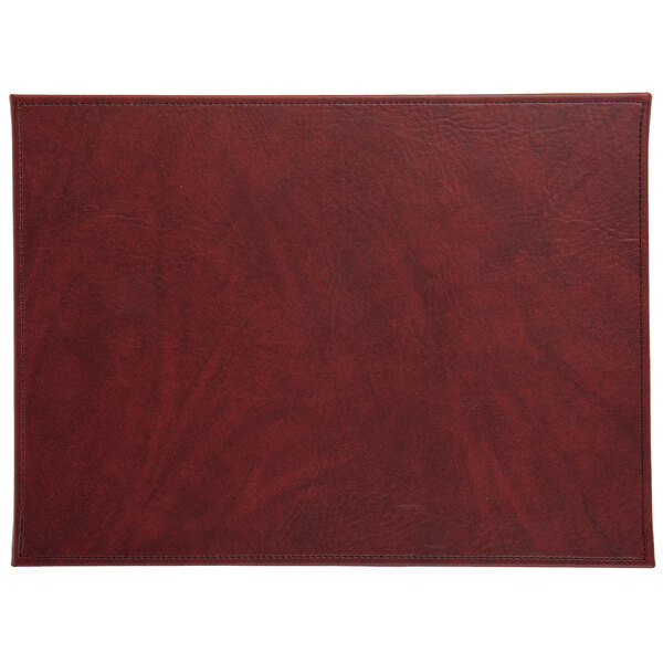 A white rectangular hardboard placemat with a red leather cover and dark brown border.