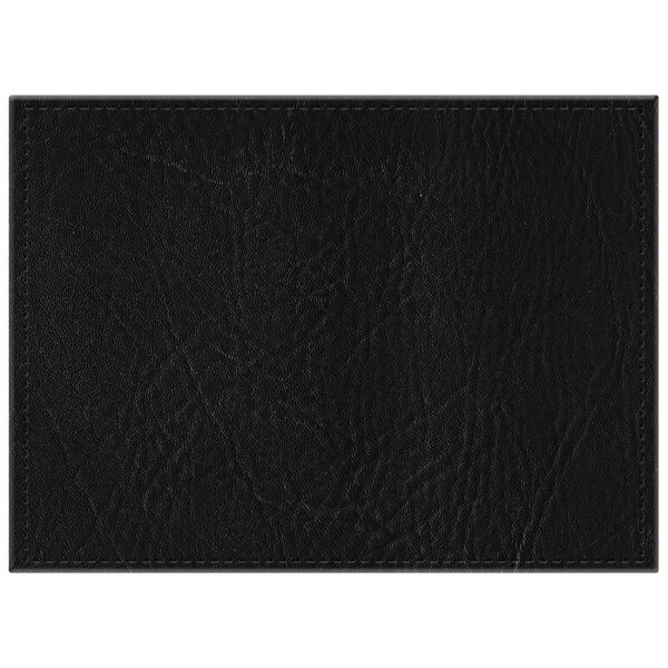 A black hardboard rectangle placemat with a black faux leather surface.