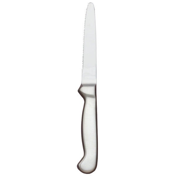 A silver Libbey steak knife with a hollow handle.