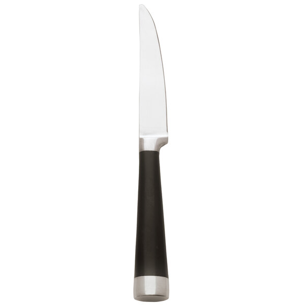 A Libbey steak knife with a black plastic handle and stainless steel blade.