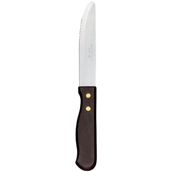 A Libbey steak knife with a black polypropylene handle.