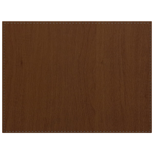 A brown rectangular premium faux wood placemat with blue stitching.