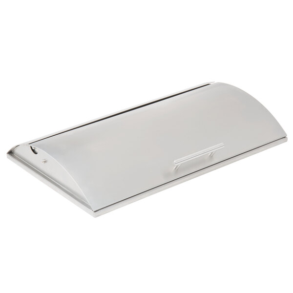 A silver metal lid with a handle on a white rectangular box.