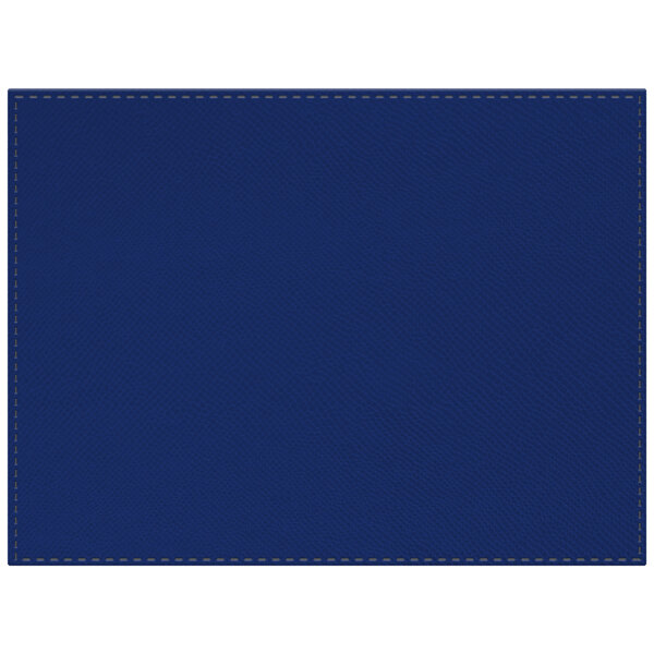 A blue faux leather placemat with stitching in a square pattern.