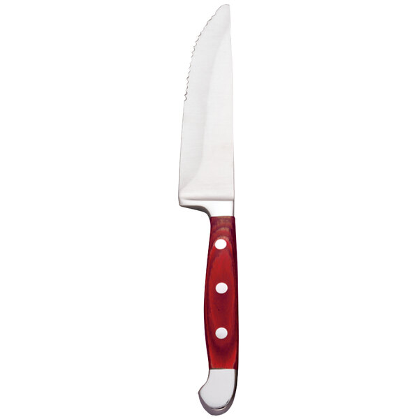 A Libbey steak knife with a Spanish Pakkawood handle in red.