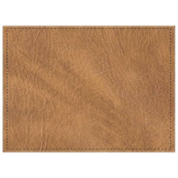 A customizable brown leather rectangular placemat with stitching.