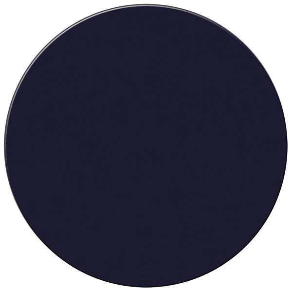 A dark blue round vinyl placemat with a white border and center.