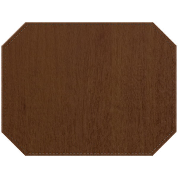 A Sherwood walnut faux wood octagon placemat with stitching.