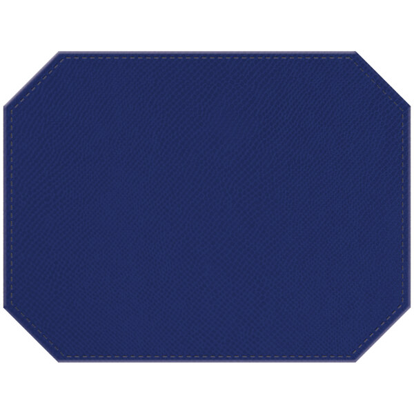 A blue premium faux leather octagon placemat with stitching.