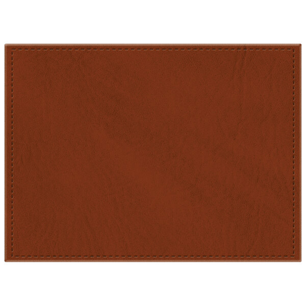 A customizable brown faux leather rectangular placemat with stitching.