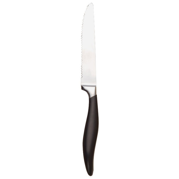 A Libbey stainless steel steak knife with a black plastic handle.