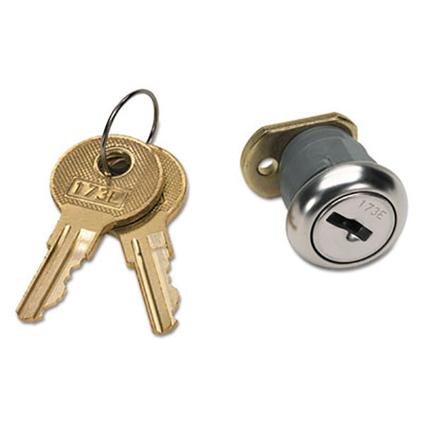 A close-up of a key and a lock for a HON F24 Chrome Vertical File Lock Kit.