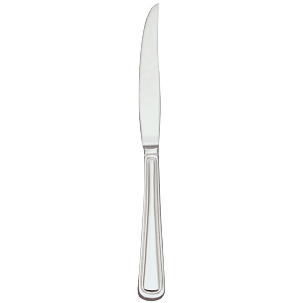 A Libbey stainless steel steak knife with a white handle and a silver blade.