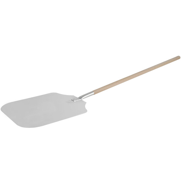 An American Metalcraft rectangular aluminum pizza peel with a wooden handle on a white background.