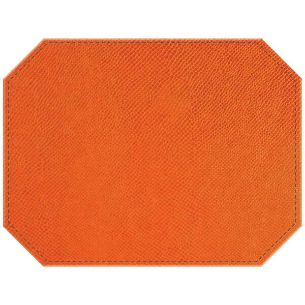 An orange premium faux leather octagon placemat with stitching.