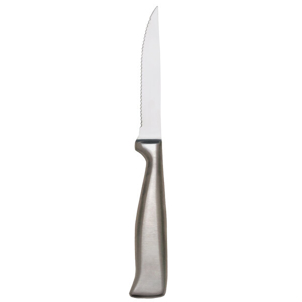A Libbey stainless steel steak knife with a black handle and silver blade.