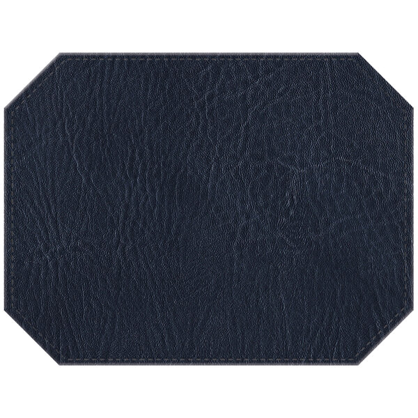 A navy hardboard and faux leather octagon placemat with stitching.