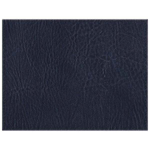 A navy hardboard and faux leather rectangle placemat with a customizable surface.