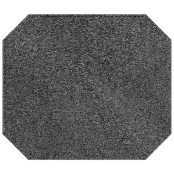 A customizable charcoal hardboard and faux leather octagon placemat with stitching.