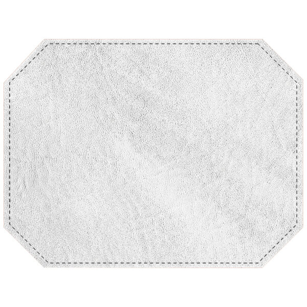 A white hardboard and faux leather octagon placemat with stitching.