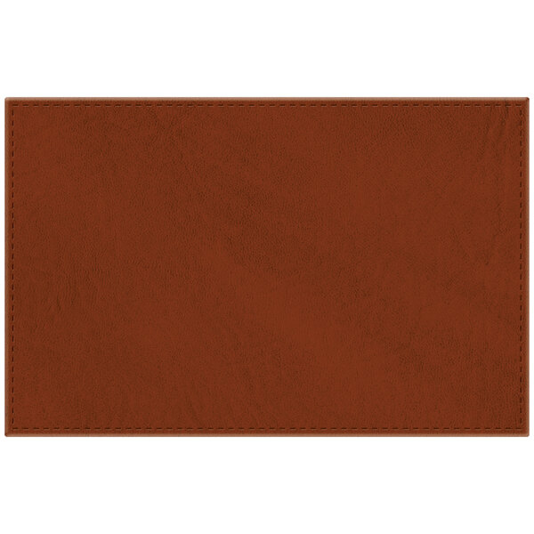 A customizable brown rectangular faux leather placemat with stitching.
