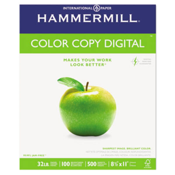 A green rectangle with white text reading "Hammermill 102630 8 1/2" x 11" Photo White Ream of 32# Copy Paper - 500 Sheets"
