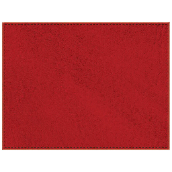 A customizable red hardboard and faux leather rectangle placemat with stitching.