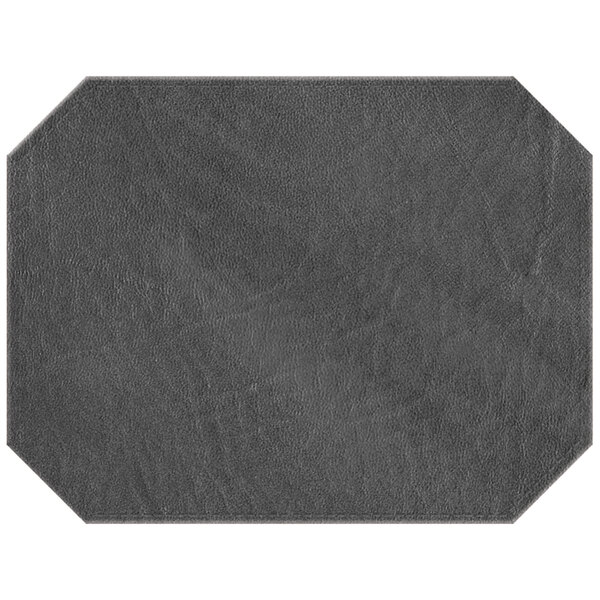 A grey octagon placemat with a black faux leather border.