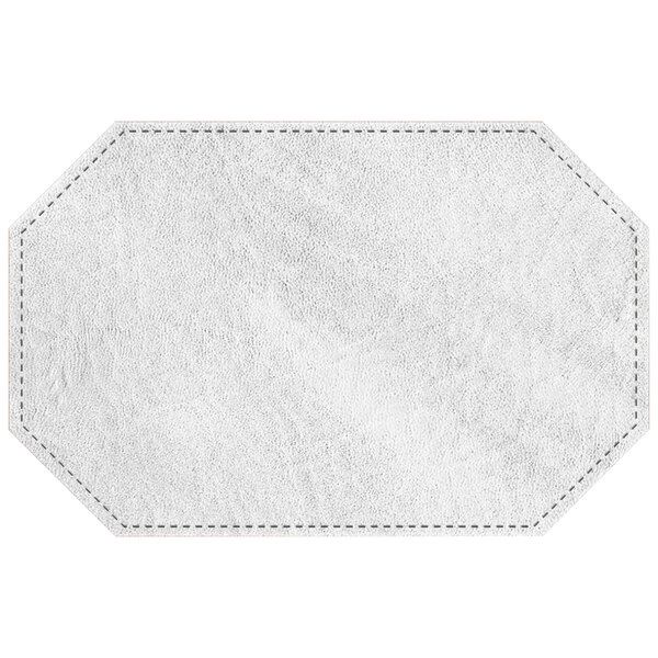 A white rectangular hardboard and faux leather placemat with an octagon shape and white border.