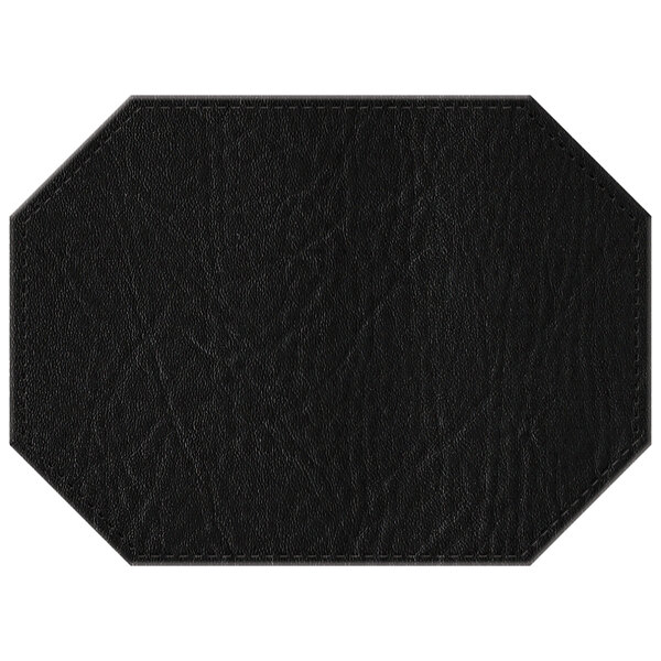 A black faux leather octagon placemat with stitching.